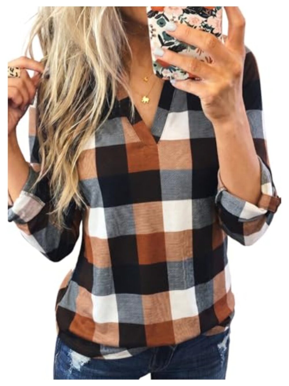 Plaid V-Neck Button Down Tunic Blouse Cuffed 3/4 Sleeve Cotton Shirt